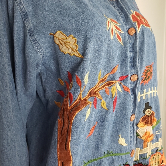 Vintage denim Bluejean fall embroidered pumpkin button up long sleeve shirt M - Picture 6 of 9
